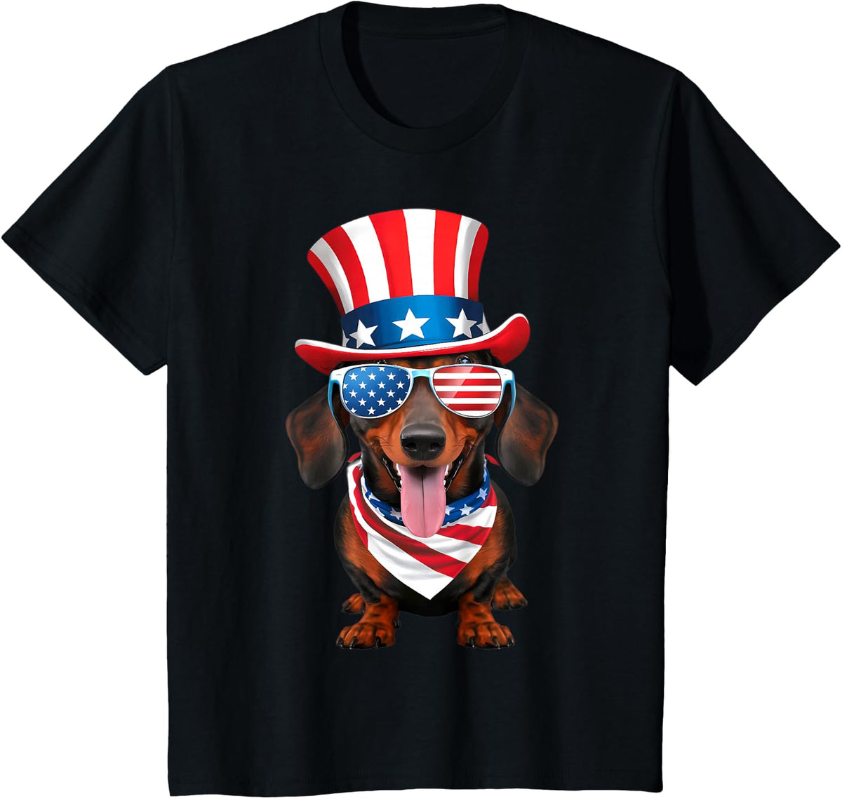 Dachshund Dog American Flag Glasses Hat 4th of July T-Shirt - Black