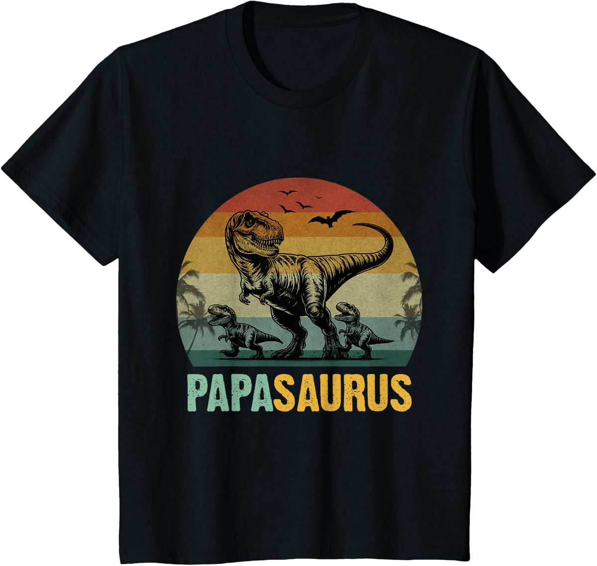 Papasaurus Of Two Kids Funny Retro Papa Dinosaur Fathers Day T-Shirt - Black