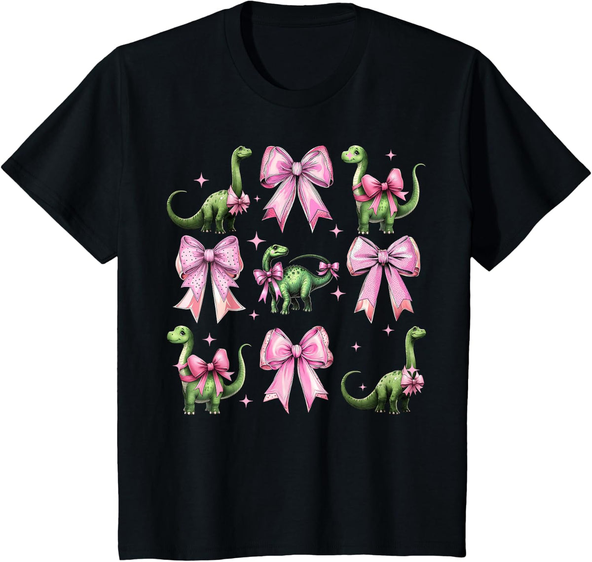 Coquette Bow Brachiosaurus Dinosaur Girl Mom Pink T-Shirt - Black