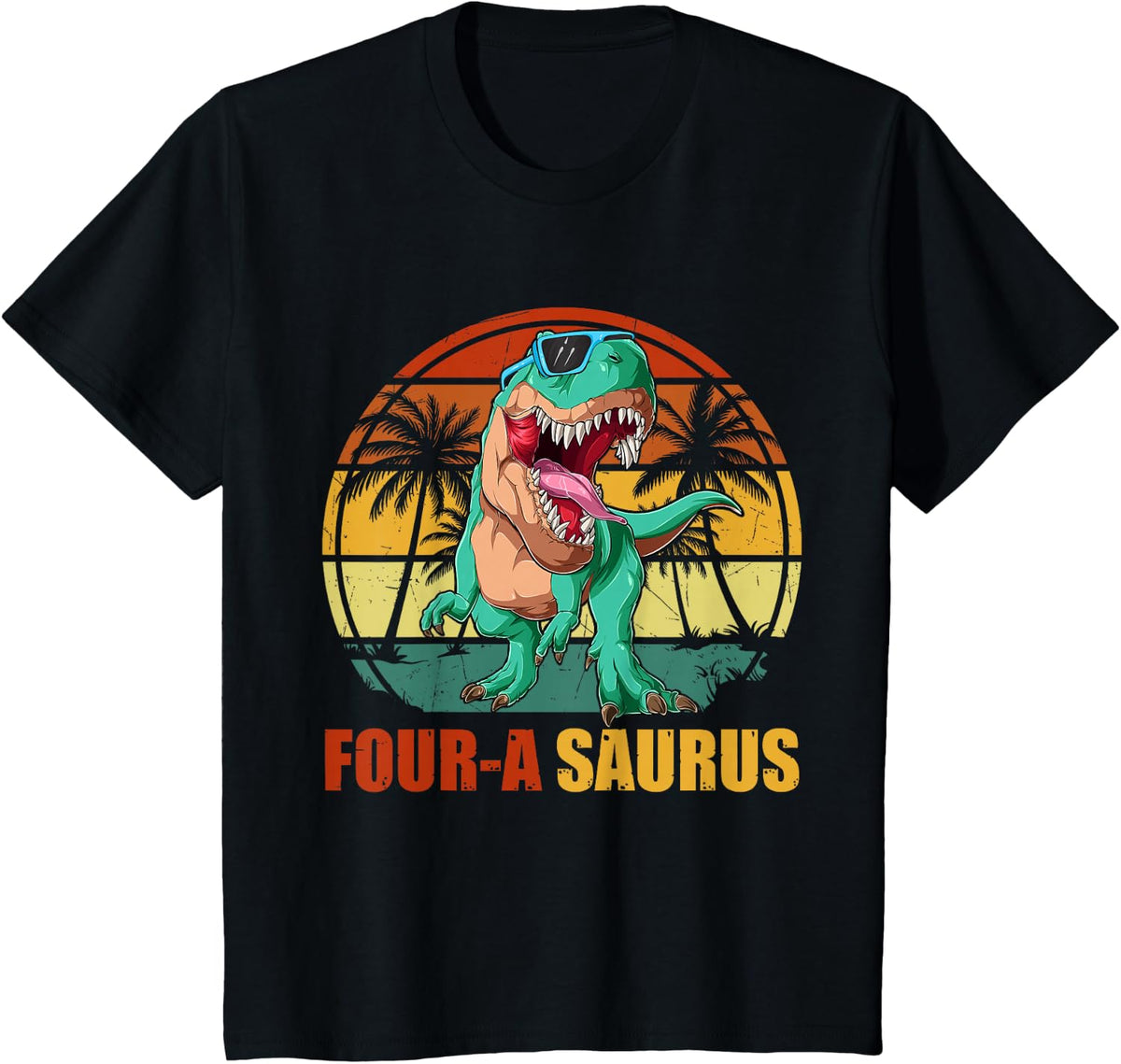 Kids Four Saurus 4th Birthday Boys T-Rex Dinosaur 4 Year Old T-Shirt - Black