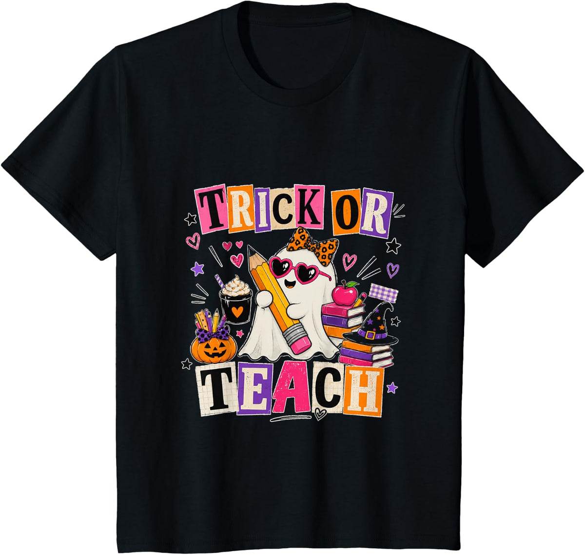 Trick Or Teach Groovy Teacher Halloween Retro Funny Ghost T-Shirt - Black