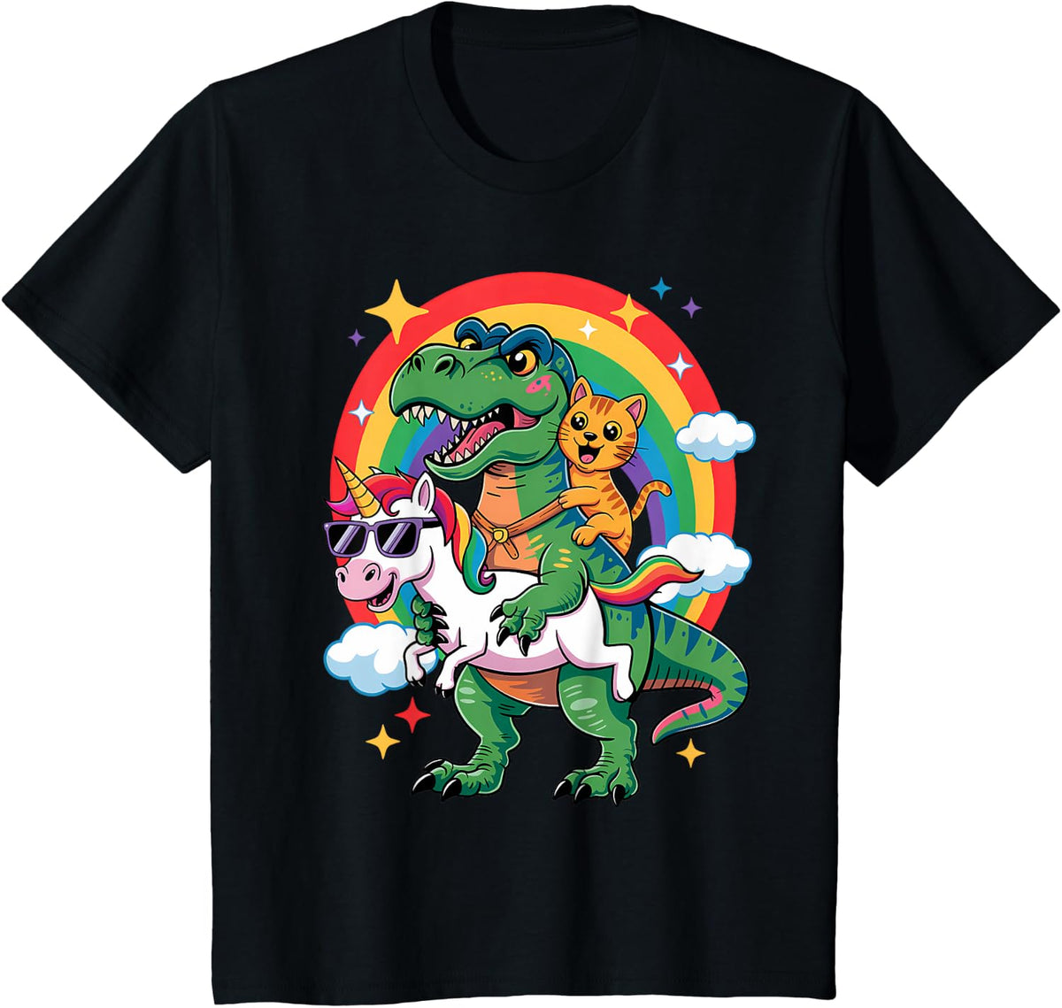 Cute Animal Unicorn Cat Riding Dinosaur Rainbow Space Galaxy T-Shirt Tee for Kids Adults - Black