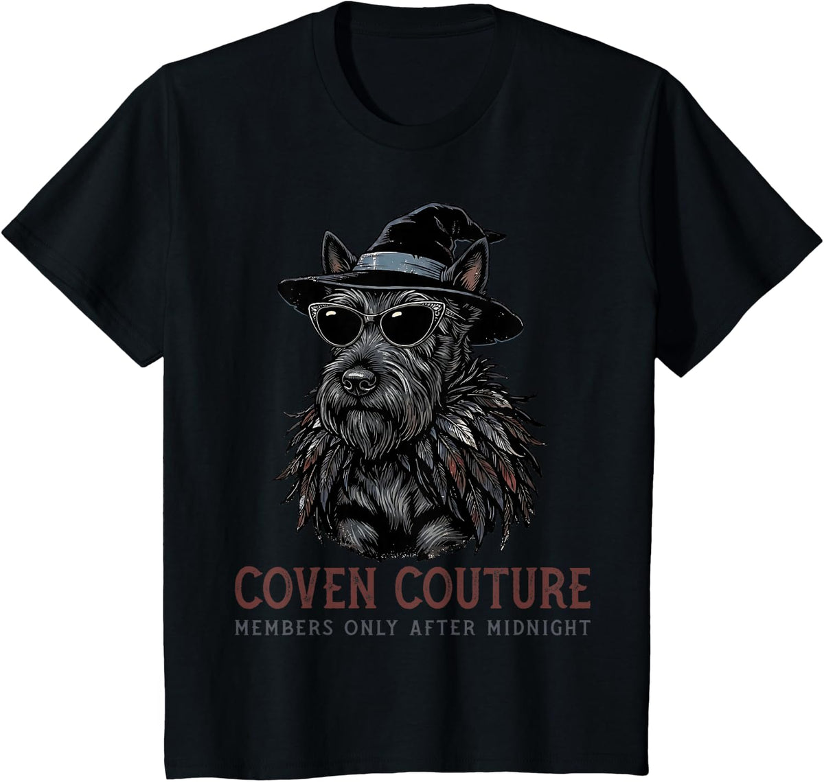 Scottish Terrier Scottie Witch Hat Sunglasses Feather Shawl T-Shirt - Black