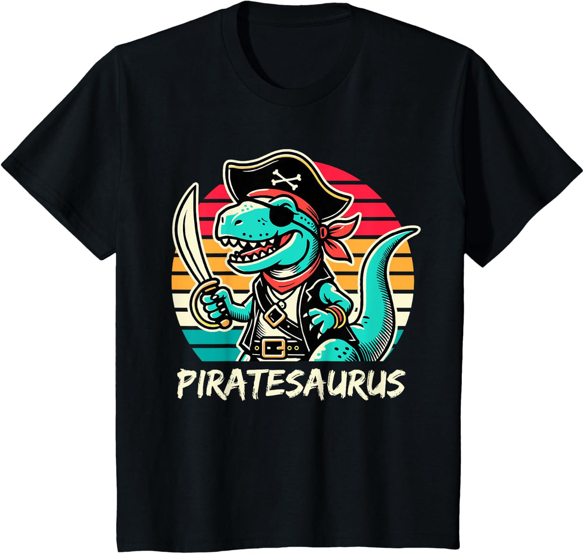 Retro Dinosaur T Rex Pirate Costume Kids Boys Piratesaurus T-Shirt - Black