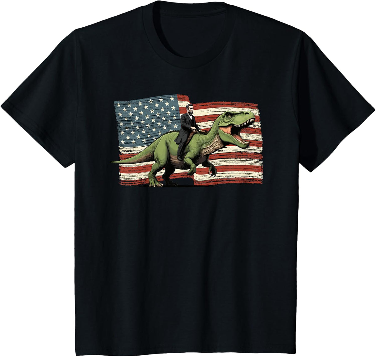 Abe Lincoln Dinosaur T-Rex Boys 4th Of July USA Flag T-Shirt - Black