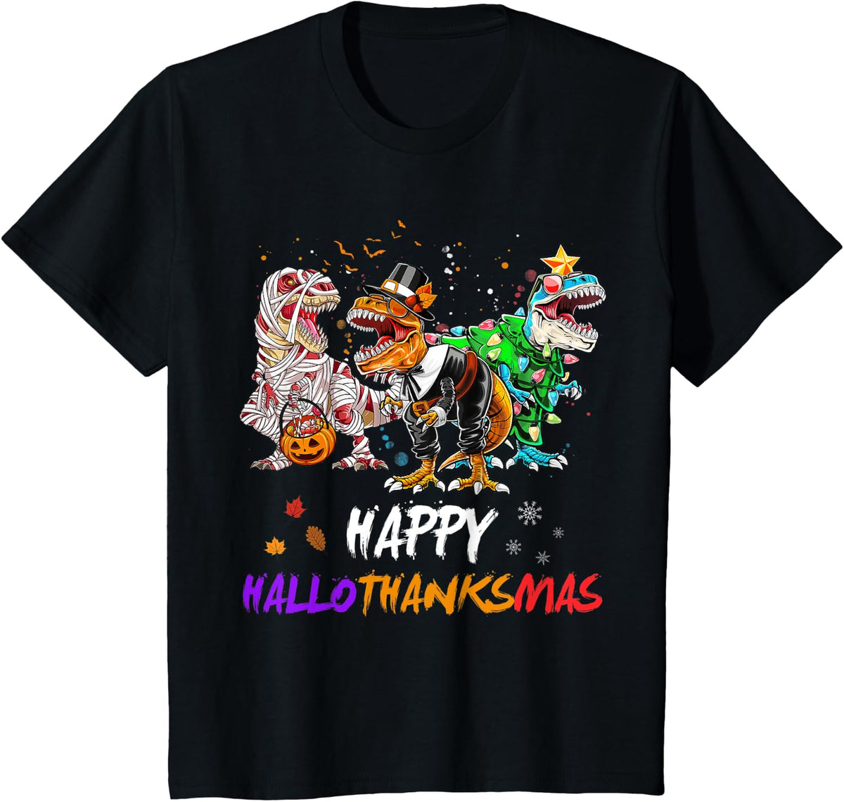 Dinosaur T Rex Happy Hallothanksmas Halloween Kids Boys T-Shirt - Black