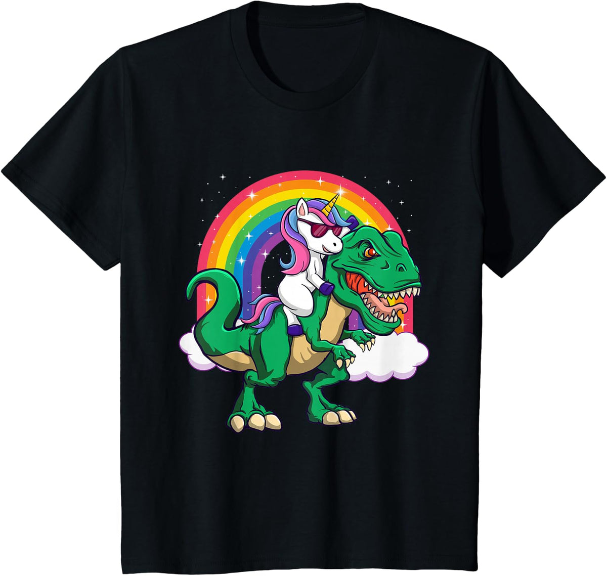 Unicorn Riding Dinosaur - Mythical Animal Rainbow Unicorn T-Shirt - Black