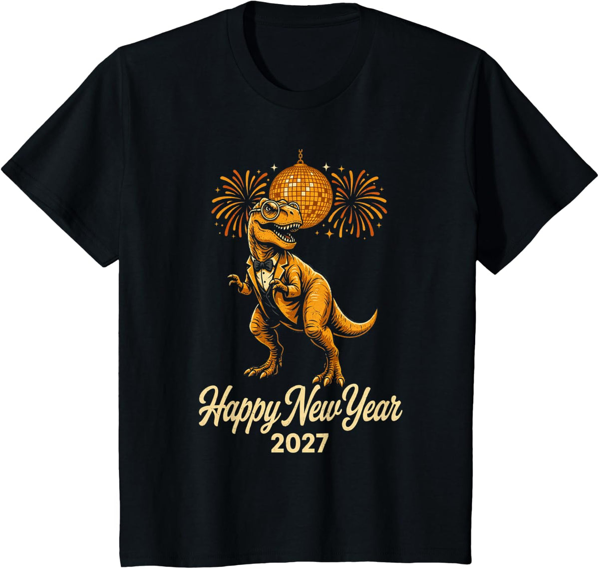 Funny Dinosaur Happy New Year 2027 Retro Party T-Shirt - Black