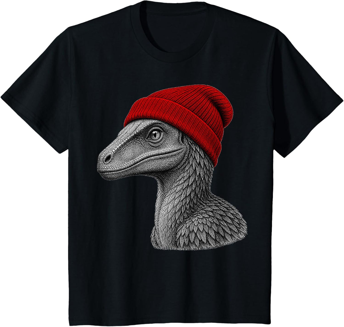 Velociraptor Wearing Beanie Funny Chill Dinosaur Lover T-Shirt - Black