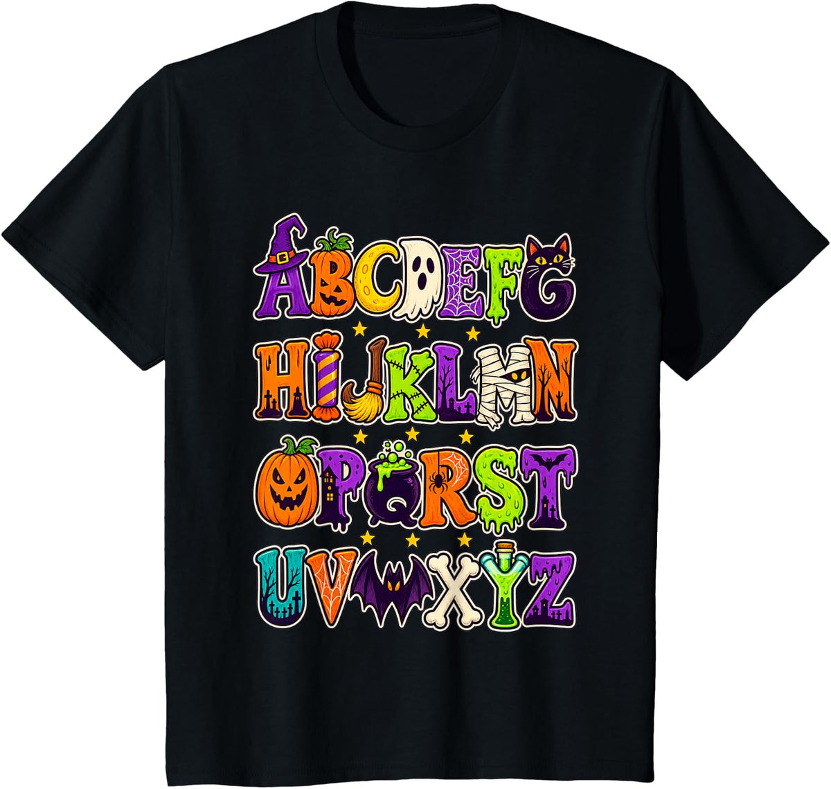 Halloween ABC Teacher Spooky Season Alphabet Letters T-Shirt - Black