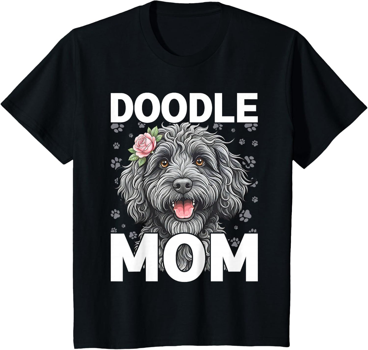 Cute Black Labradoodle Doodle with Flower T-Shirt - Black