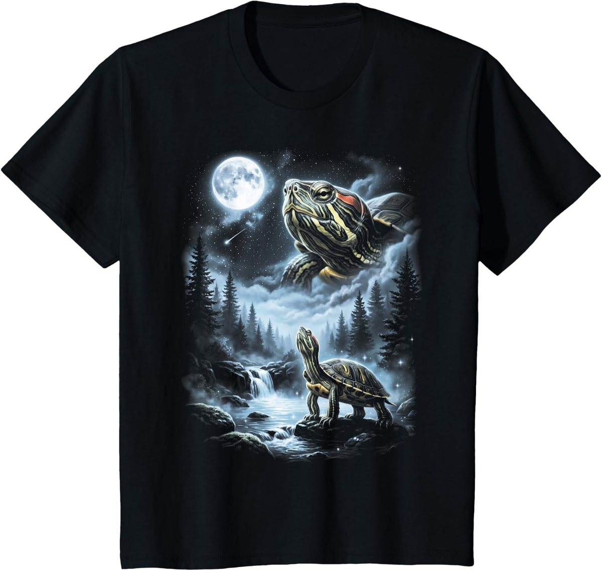 Red Eared Slider Turtle Howling at Moon 90's Retro T-Shirt - Black