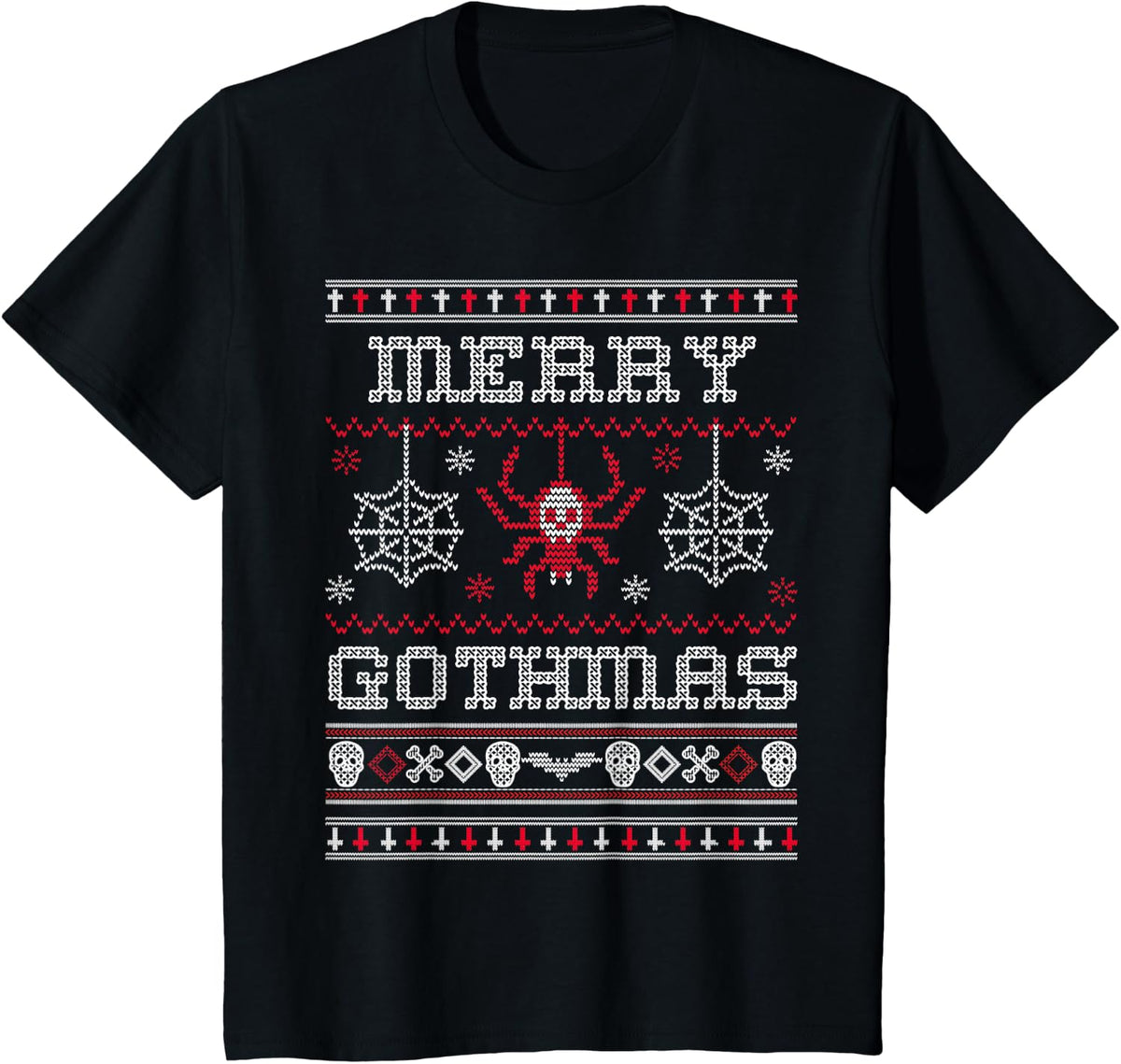 Merry Gothmas Goth Christmas Ugly Sweater Spider Skulls Bat T-Shirt - Black