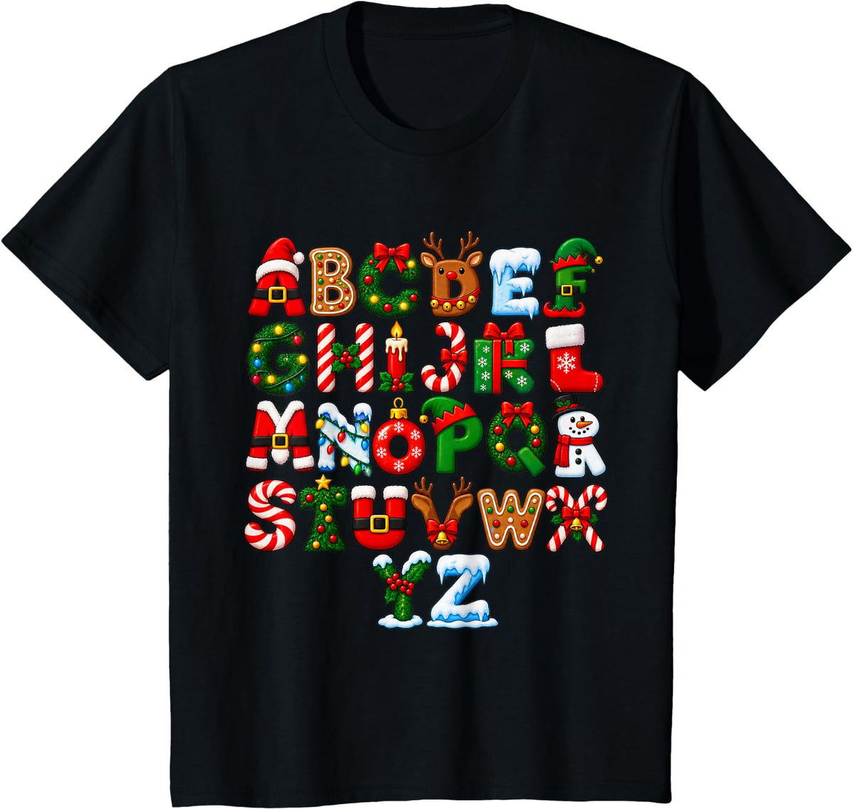 Christmas Alphabet ABC Holiday Letters Teacher Kids T-Shirt - Black