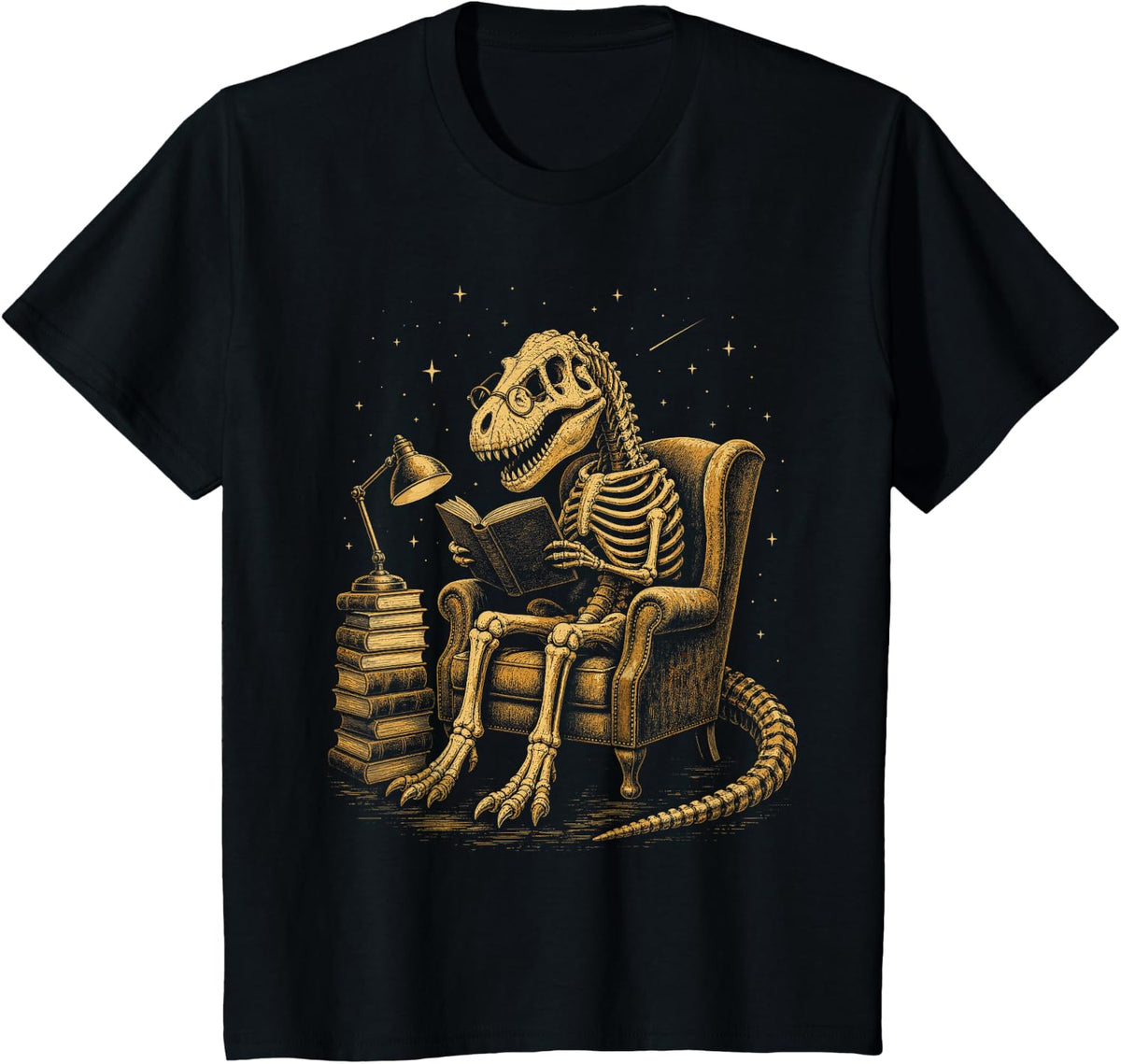 Dinosaur Skeleton Reading Book Lover Fossil Nerd T-Shirt - Black