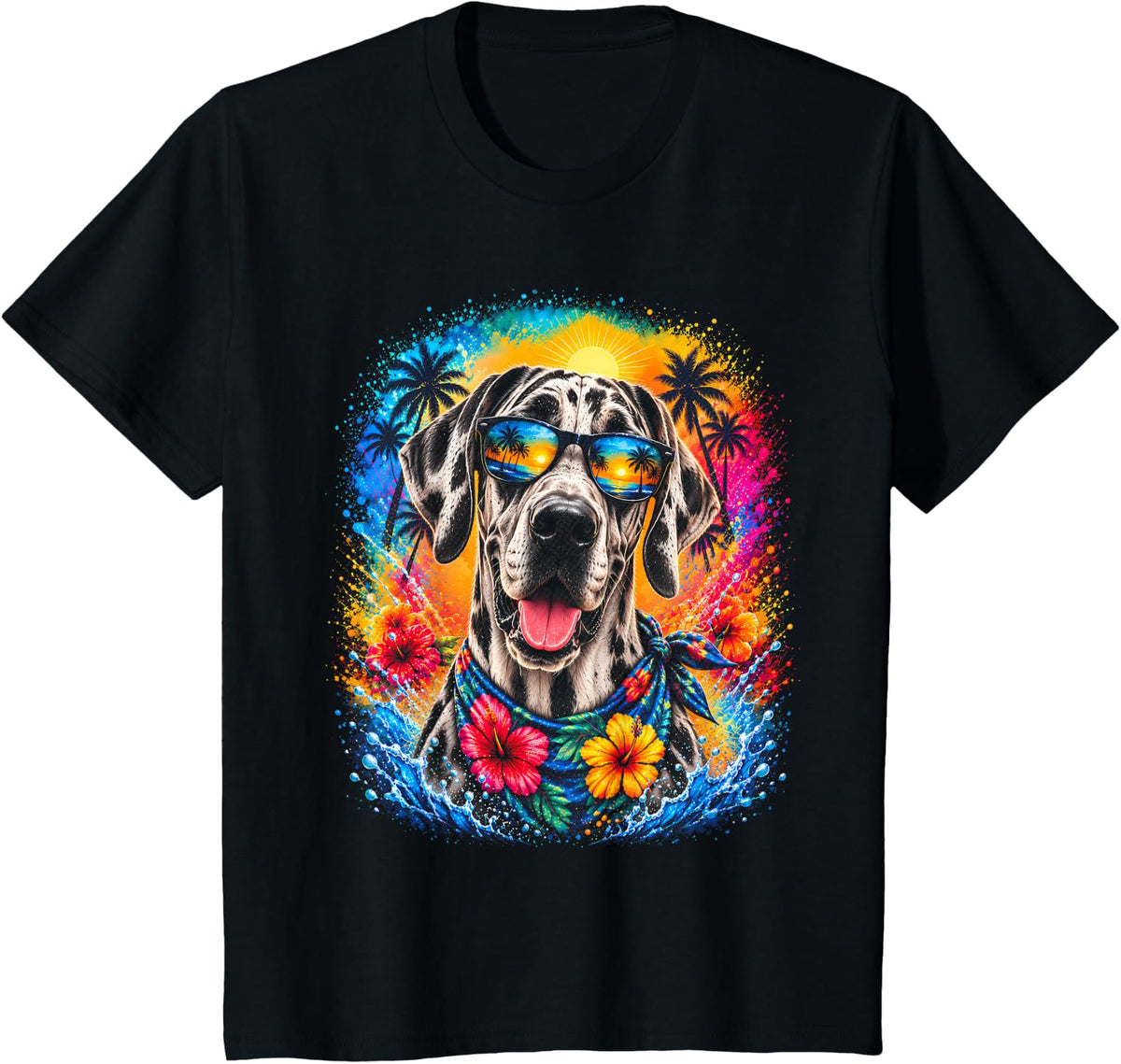 Funny Great Dane Beach Tropical Summer Sunset Sunglasses T-Shirt - Black
