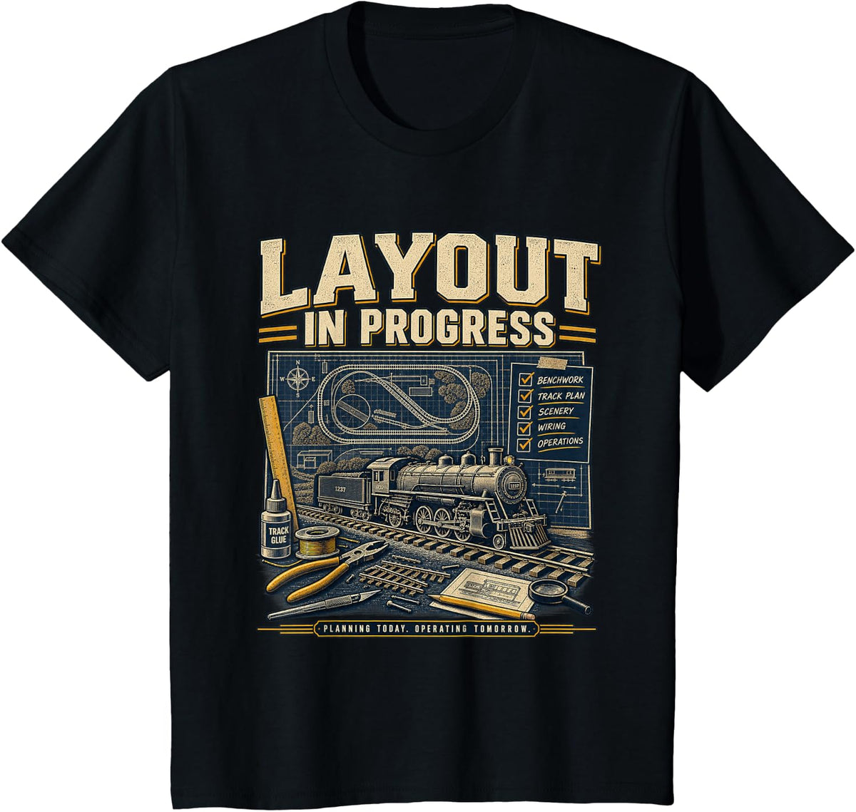 Model Train Hobby Layout in Progress Railroad T-Shirt - Black
