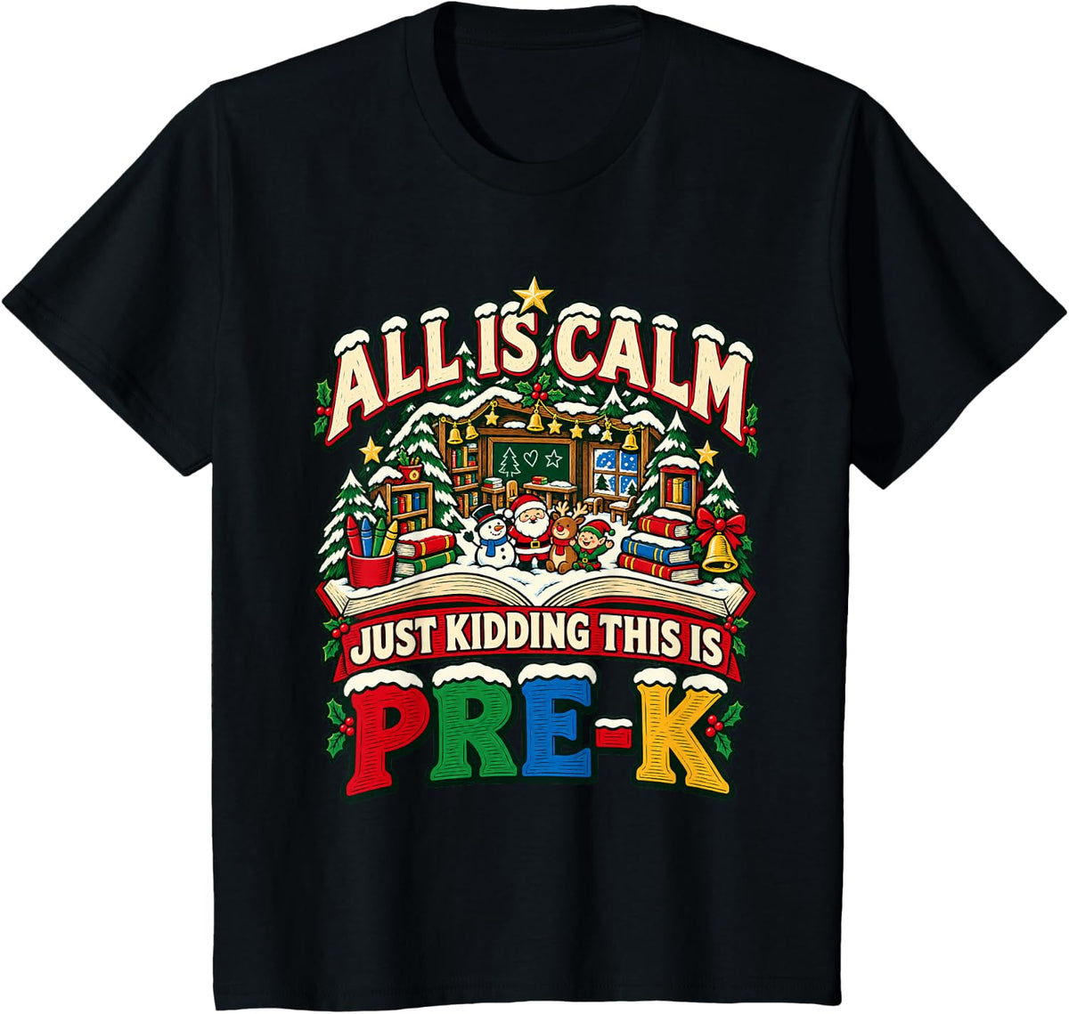 Vintage Christmas Pre-K Teacher - Storybook Classroom Santa T-Shirt - Black