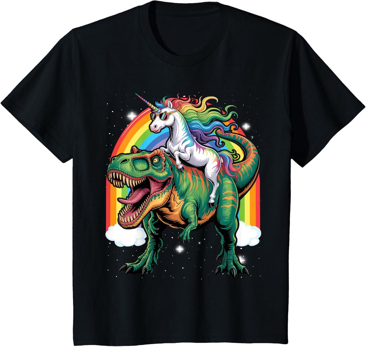 Unicorn Riding Dinosaur T rex Boys Girls Men Women Rainbow T-Shirt - Black