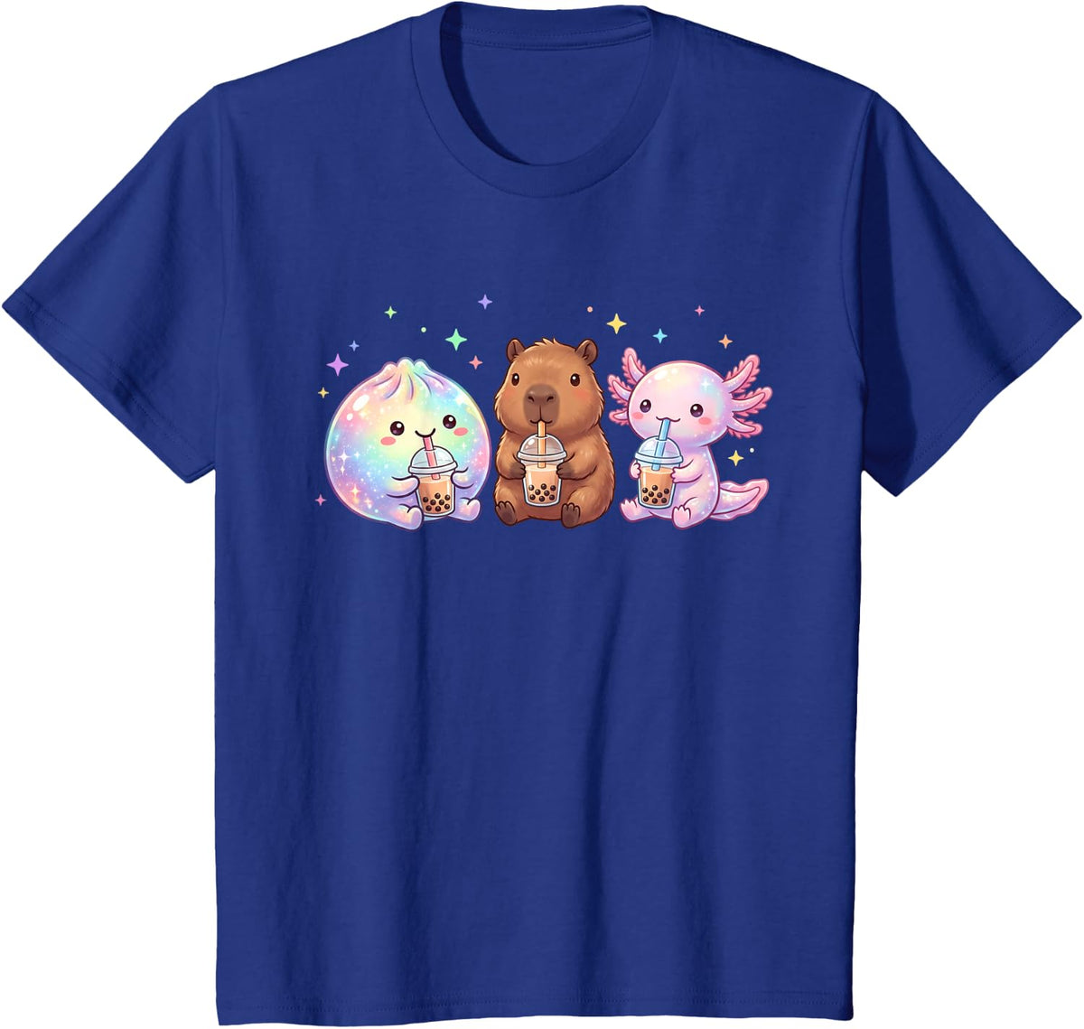 Cute Capybara Axolotl Dumpling Drinking Bubble Tea Lover T-Shirt - Royal Blue