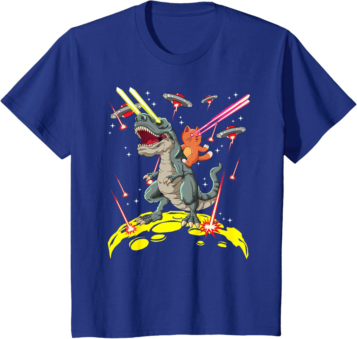 Space Cat Riding T-Rex Laser Eyes T-Shirt T-Shirt - Royal Blue