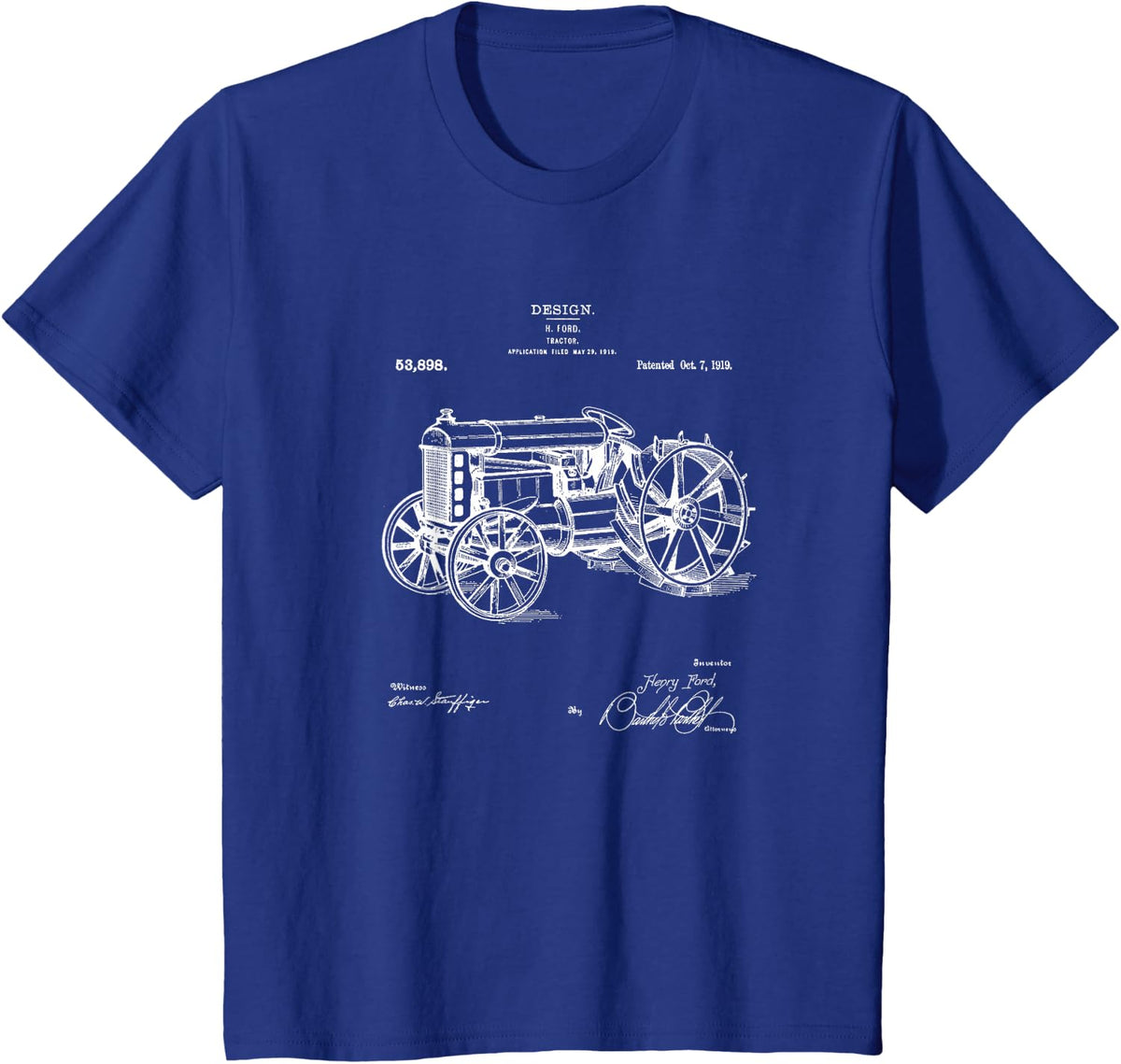 Vintage Patent Print 1919 Farm Tractor Farmers Gift T-Shirt - Royal Blue