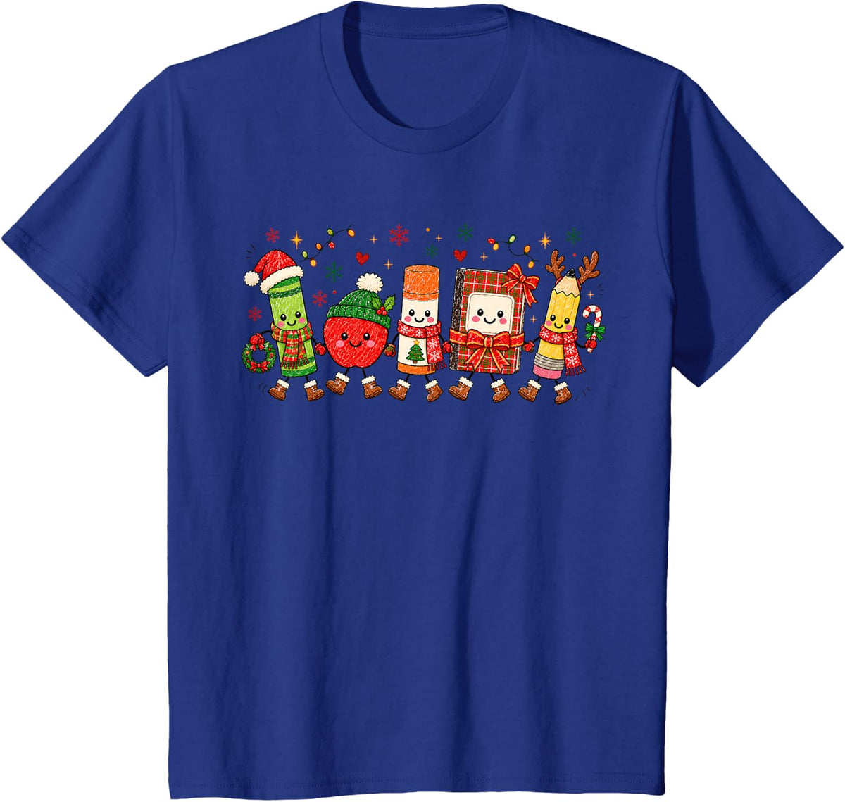 Cute Christmas School Supplies Crayons Pencils Teacher Xmas T-Shirt - Royal Blue