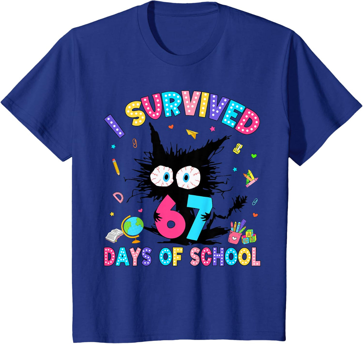 I Survived 67 Days of School Six Seven Meme Slang Black Cat T-Shirt - Royal Blue
