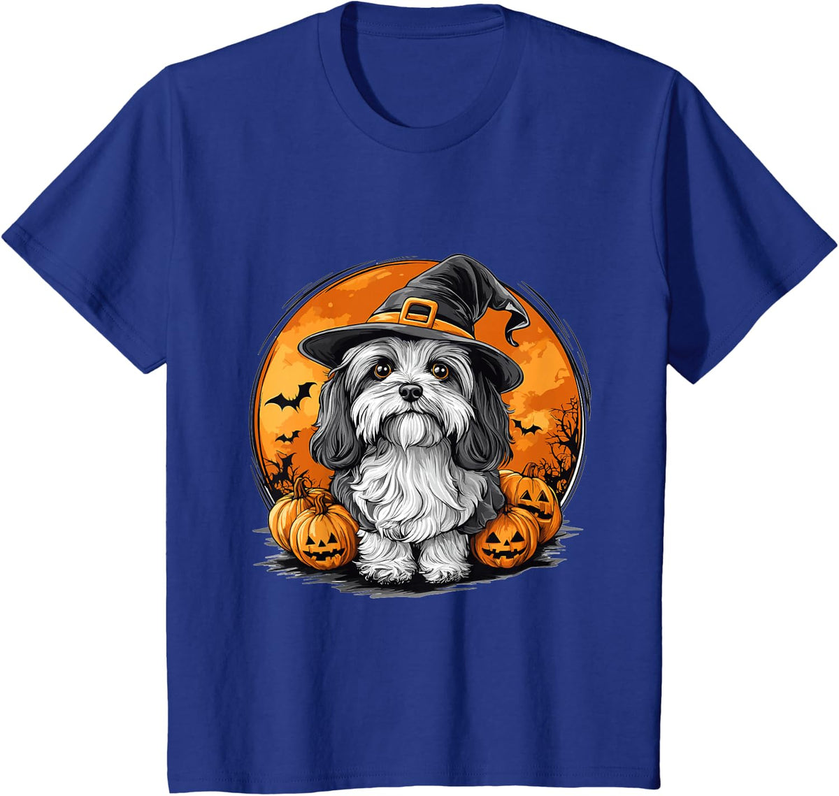 Havanese Dog Whitch Hat Halloween Pumpkin Spooky Happy T-Shirt - Royal Blue