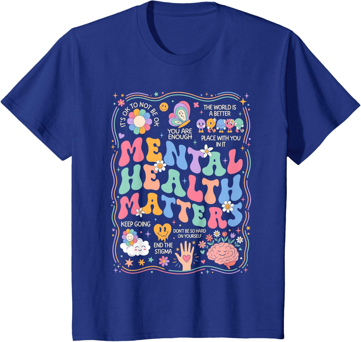 Mental Health Matters Groovy Floral Brain Positive Kindness T-Shirt - Royal Blue