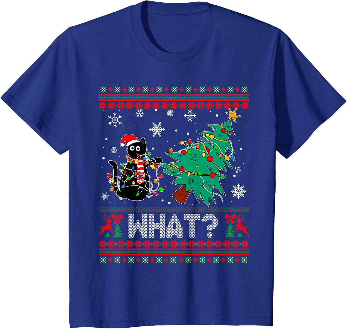 Cat What Funny Black Cat Pushing Christmas Tree Ugly Xmas T-Shirt Tee for Cat Lovers - Royal Blue