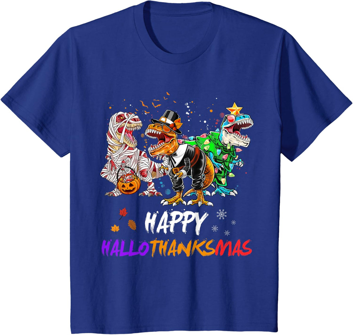Dinosaur T Rex Happy Hallothanksmas Halloween Kids Boys T-Shirt - Royal Blue