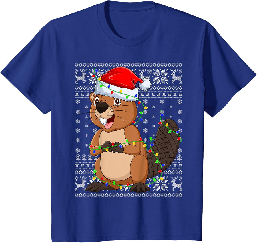 Ugly Sweater Xmas Lights Santa Hat Beaver Christmas T-Shirt - Royal Blue
