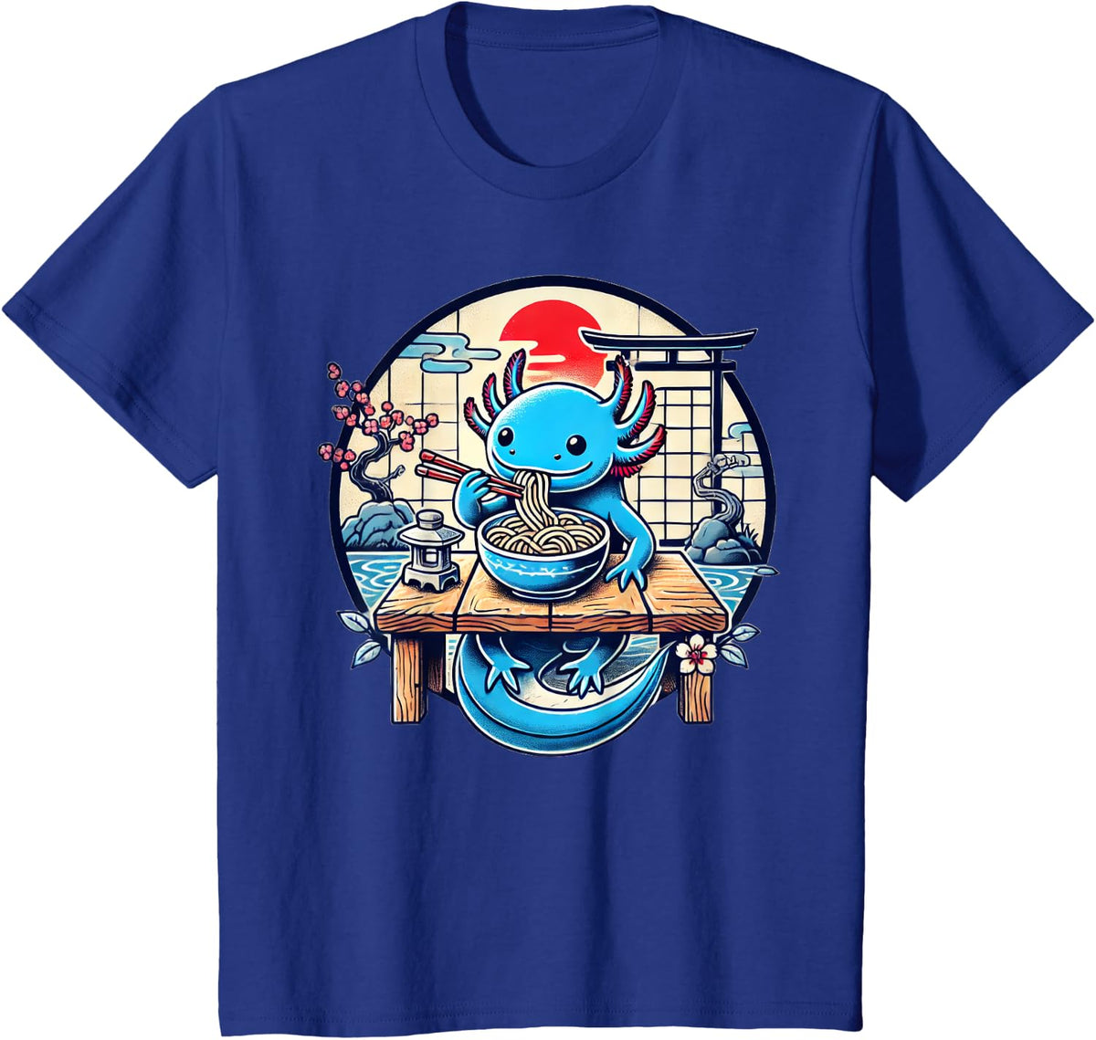 Kawaii Axolotl Eating Ramen Noodles Japanese T-Shirt - Royal Blue
