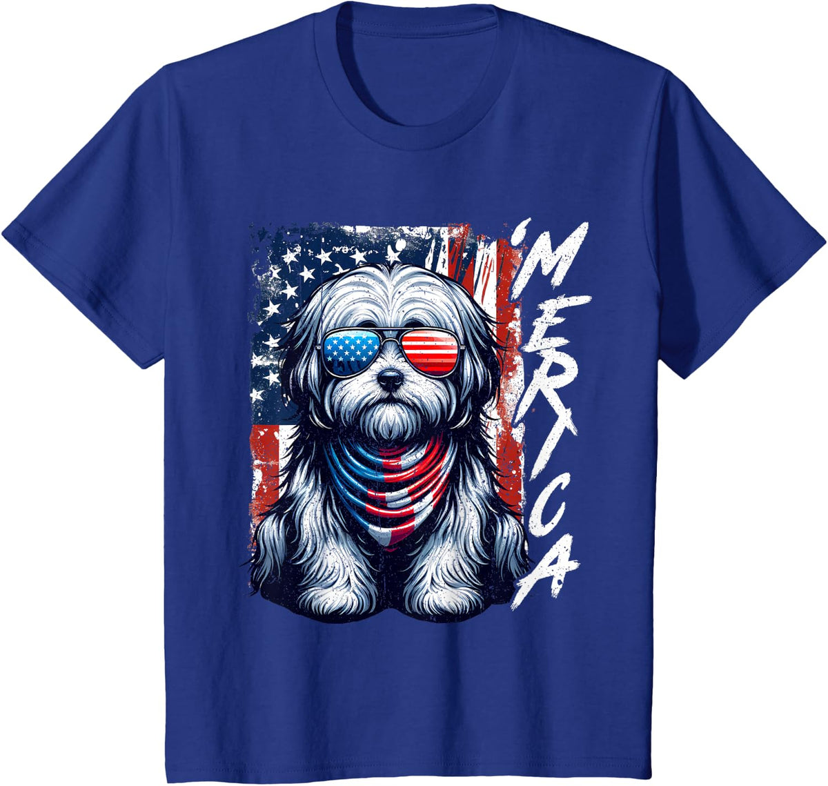 'Merica Havanese Dogs USA Flag Sunglasses Patriotic Vintage T-Shirt - Royal Blue