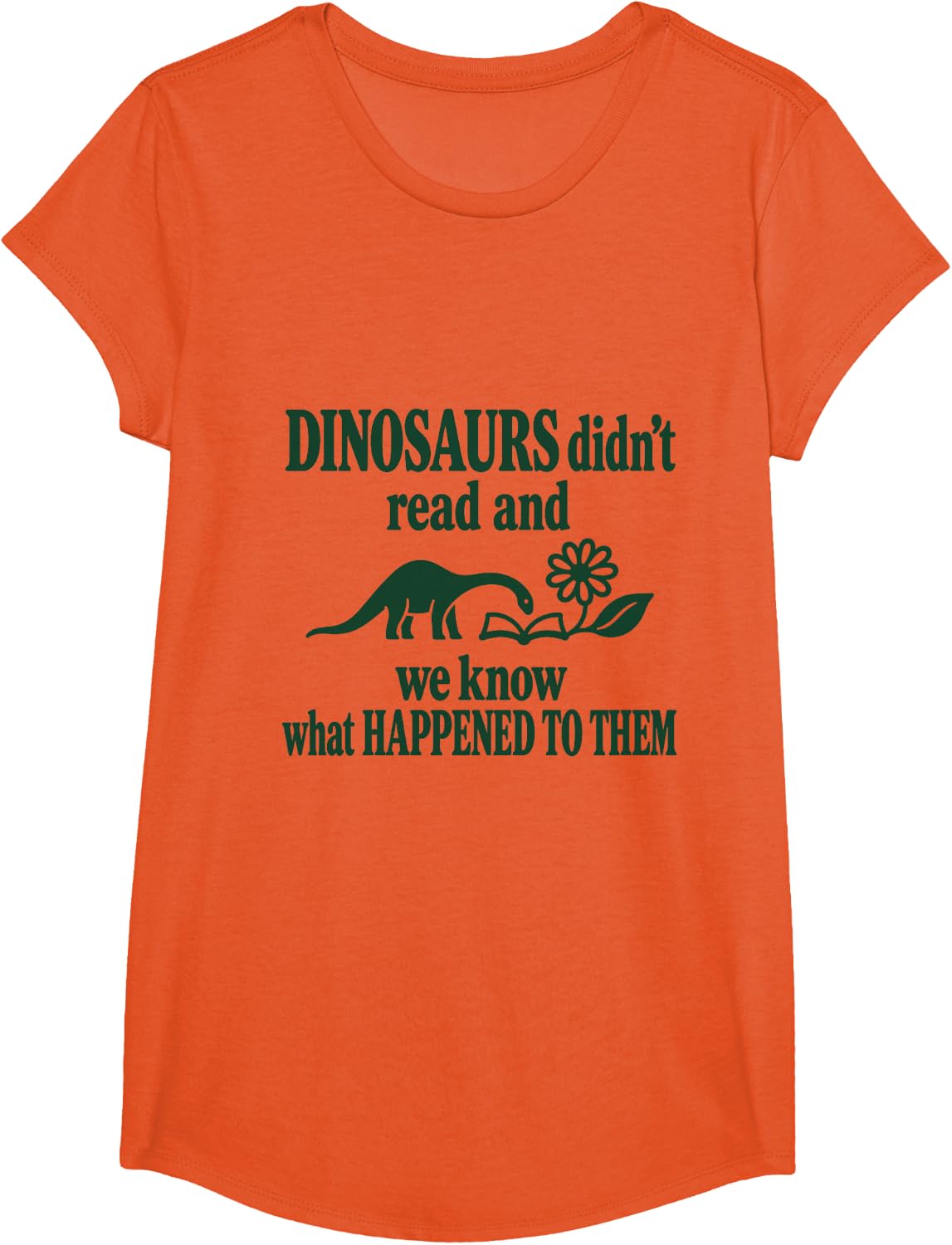 Dinosaur Reading Humor Book Lover Brontosaurus Minimalist T-Shirt - Girls Orange