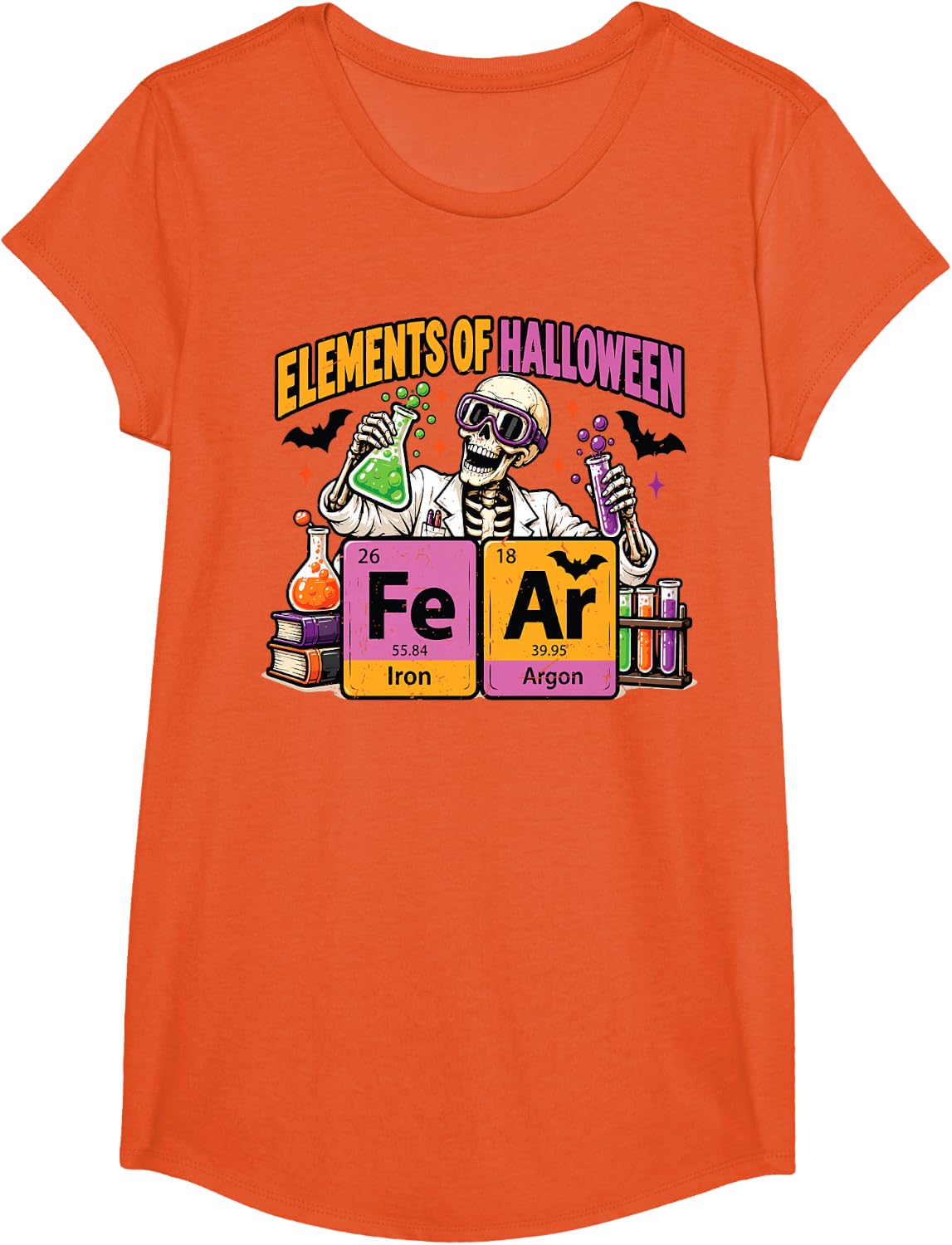 Skeleton Science Teacher Fear of Element Halloween Costume T-Shirt - Girls Orange