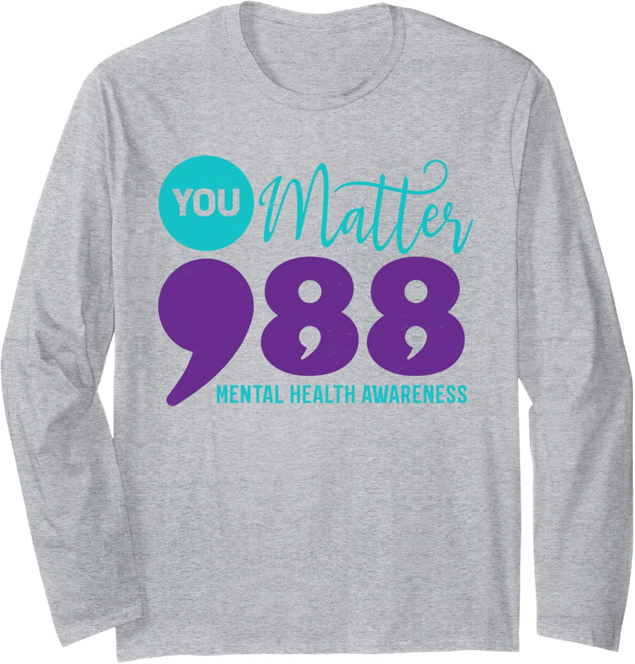 You Matter 988 Mental Health Awareness Semicolon Suicidal Long Sleeve T-Shirt - Adult Unisex Heather Grey