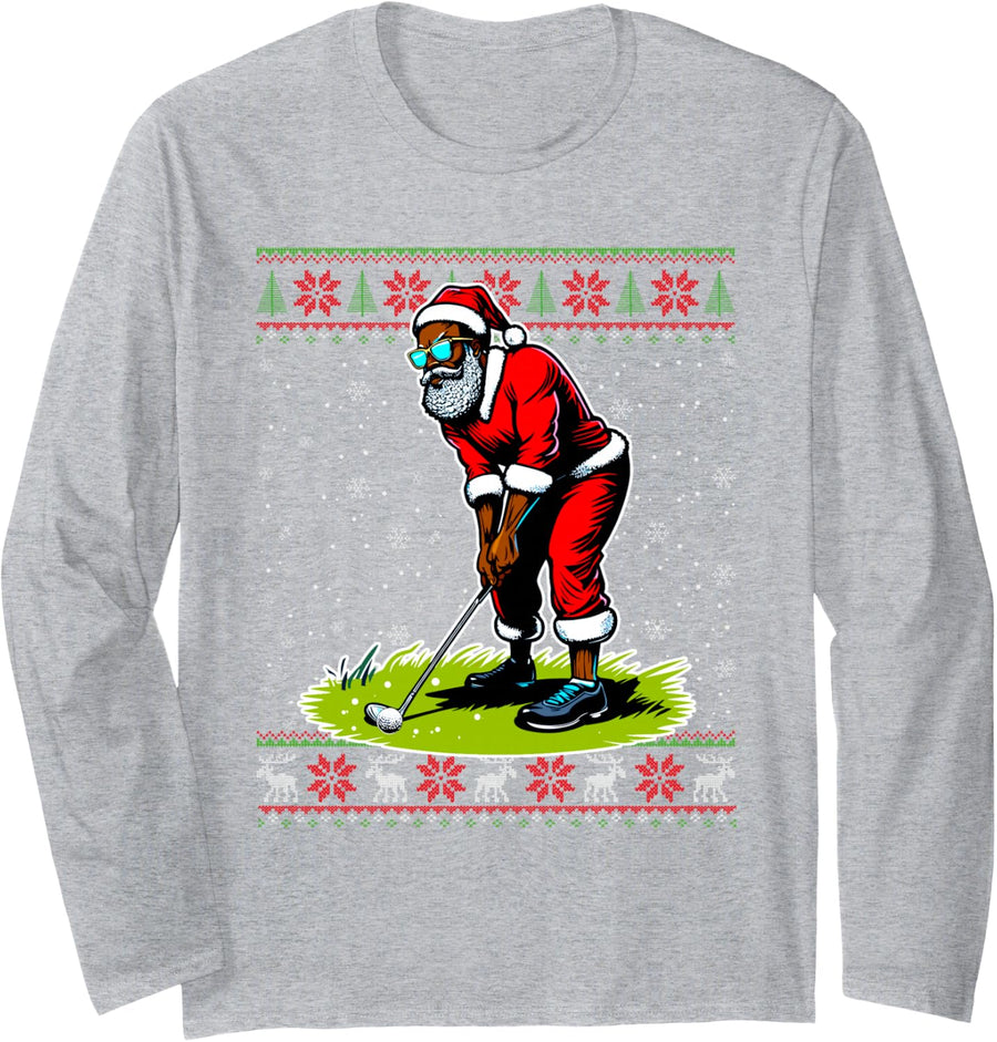 Christmas African American Santa Golf Ugly Christmas Sweater Long Sleeve T-Shirt - Adult Unisex Heather Grey