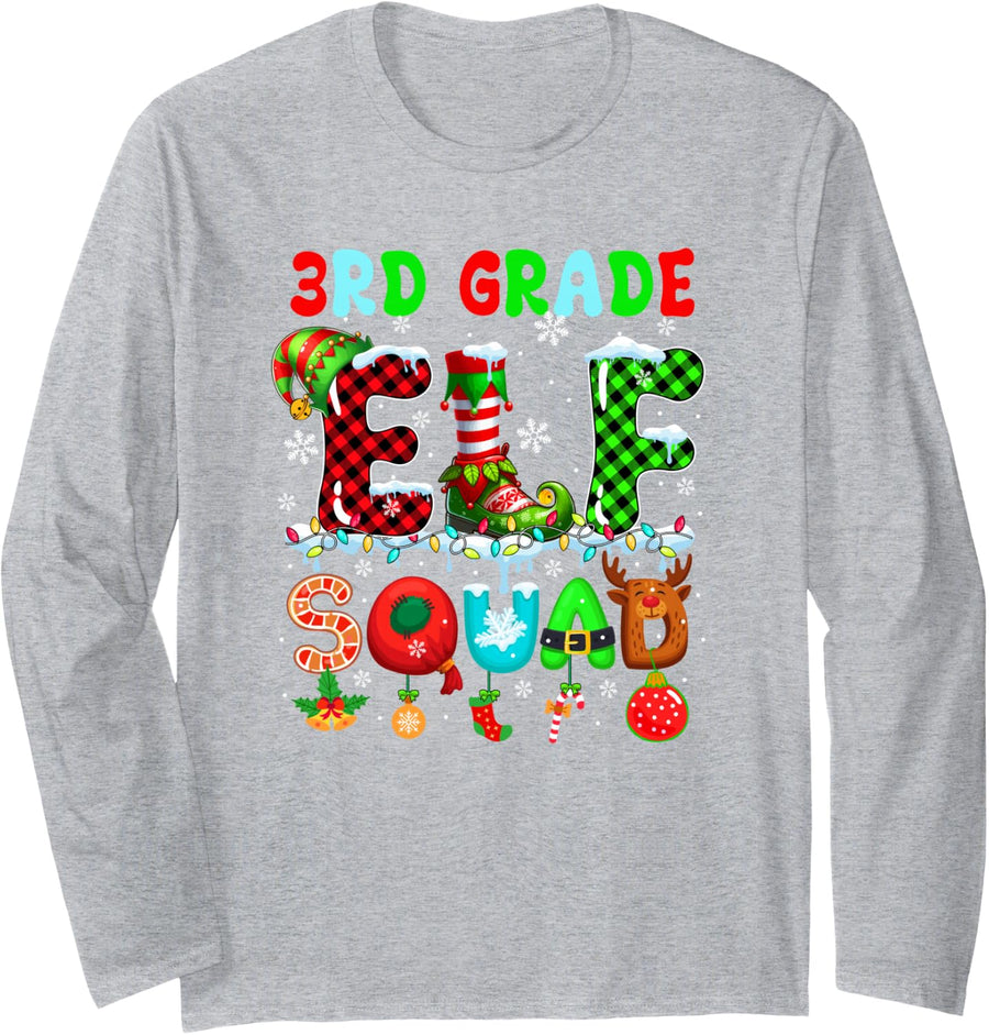 3rd Grade Elf Squad Christmas Colorful Teacher Students Team Long Sleeve T-Shirt - Adult Unisex Heather Grey