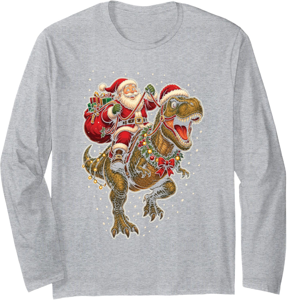 Dinosaur Christmas Santa Claus Riding T Rex Funny Holiday Long Sleeve T-Shirt - Adult Unisex Heather Grey