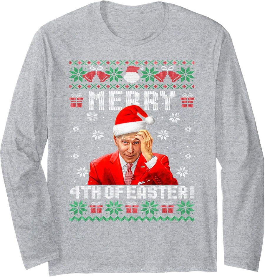 Funny Merry 4th of Easter! Joe Biden Ugly Christmas Sweater Long Sleeve T-Shirt - Adult Unisex Heather Grey