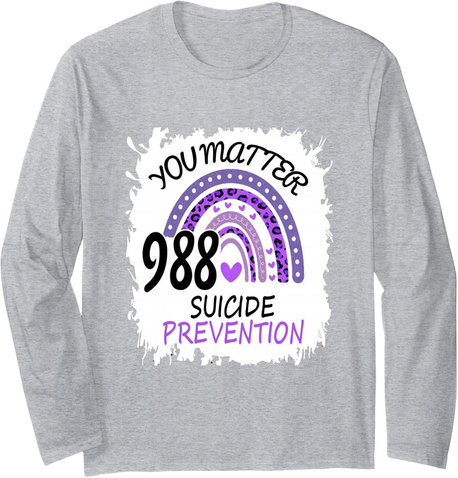 Rainbow You Matter 988 Suicide Prevention Colourful Band Long Sleeve T-Shirt - Adult Unisex Heather Grey