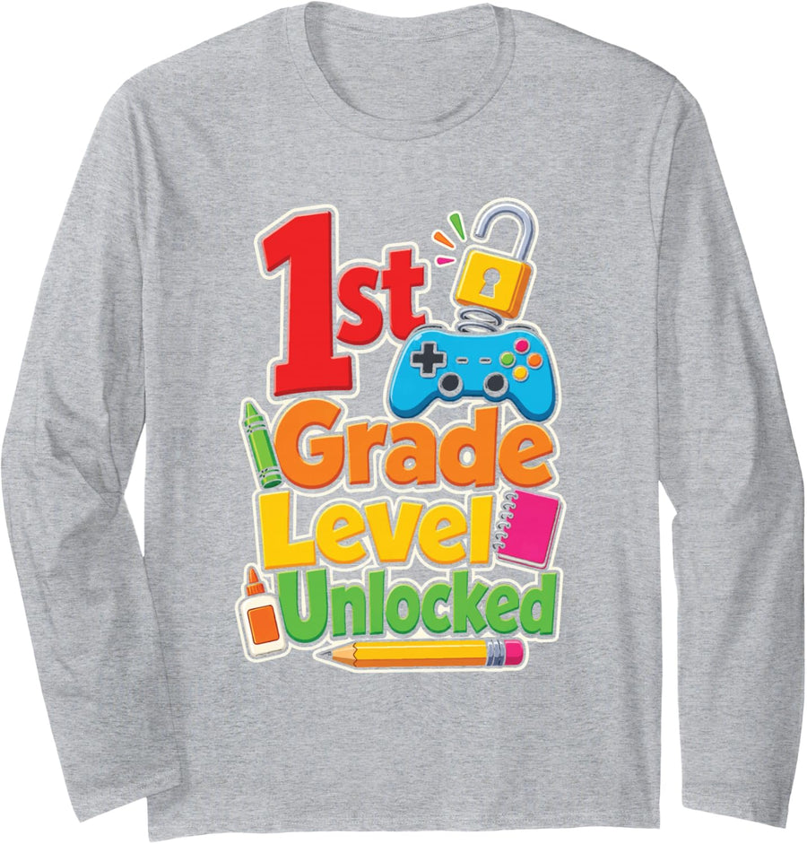1st Grade Level Unlocked Video Game First Day Boys Girls Long Sleeve T-Shirt - Adult Unisex Heather Grey