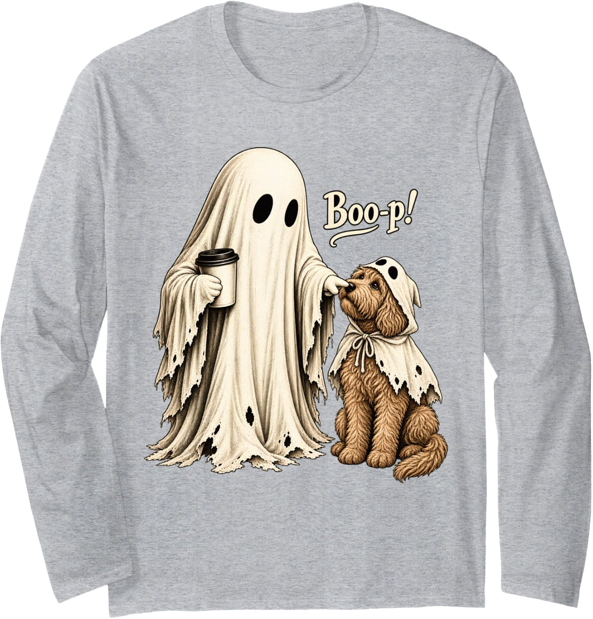 Funny Doodle Halloween Ghost Boo-p Labradoodle Tween Teens Long Sleeve T-Shirt - Adult Unisex Heather Grey