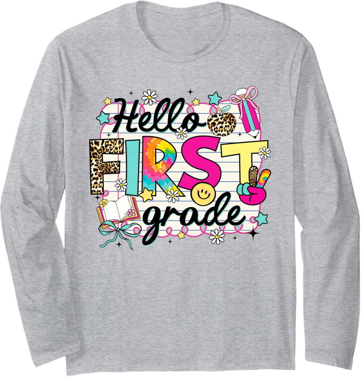 Hello First Grade Back to School Leopard 1st Grade Teacher Long Sleeve T-Shirt - Adult Unisex Heather Grey
