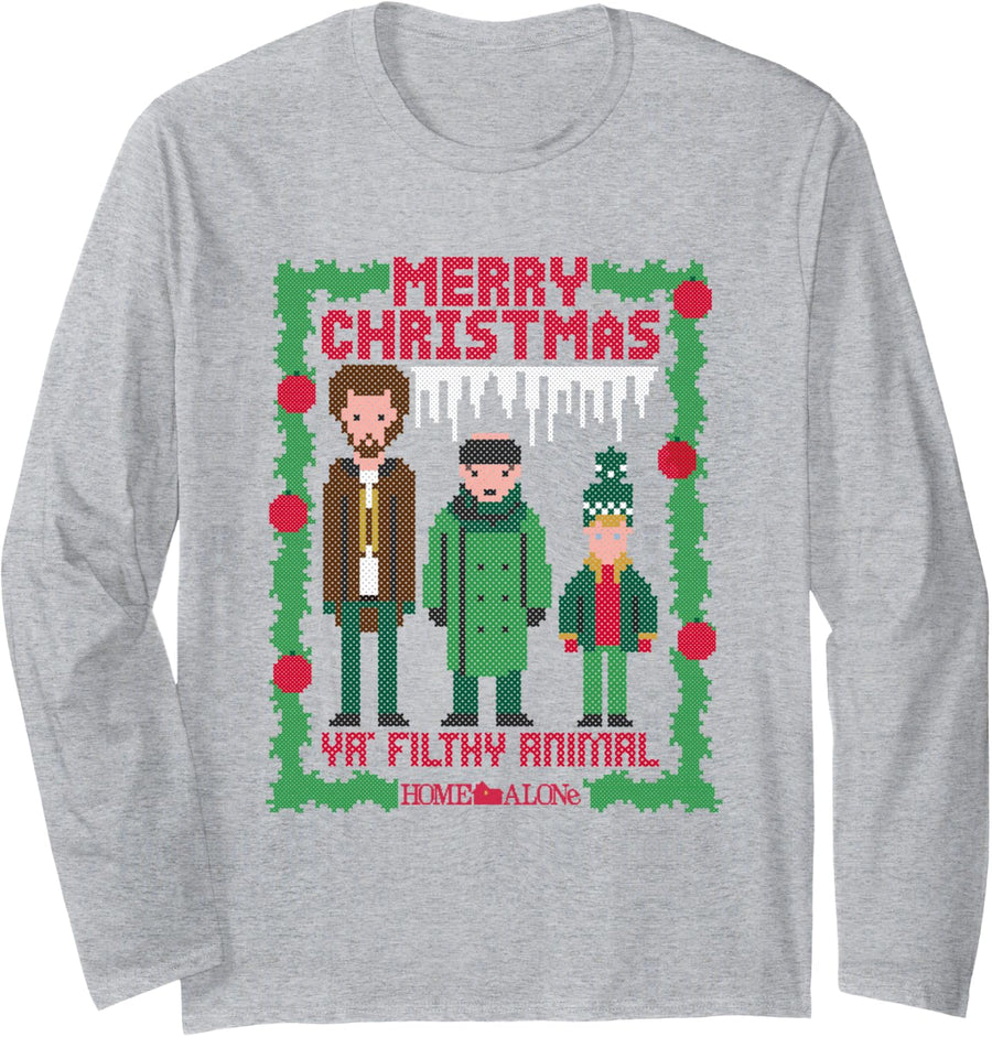 Home Alone Merry Christmas Ya Wet Bandits Ugly Sweater Long Sleeve T-Shirt - Adult Unisex Heather Grey