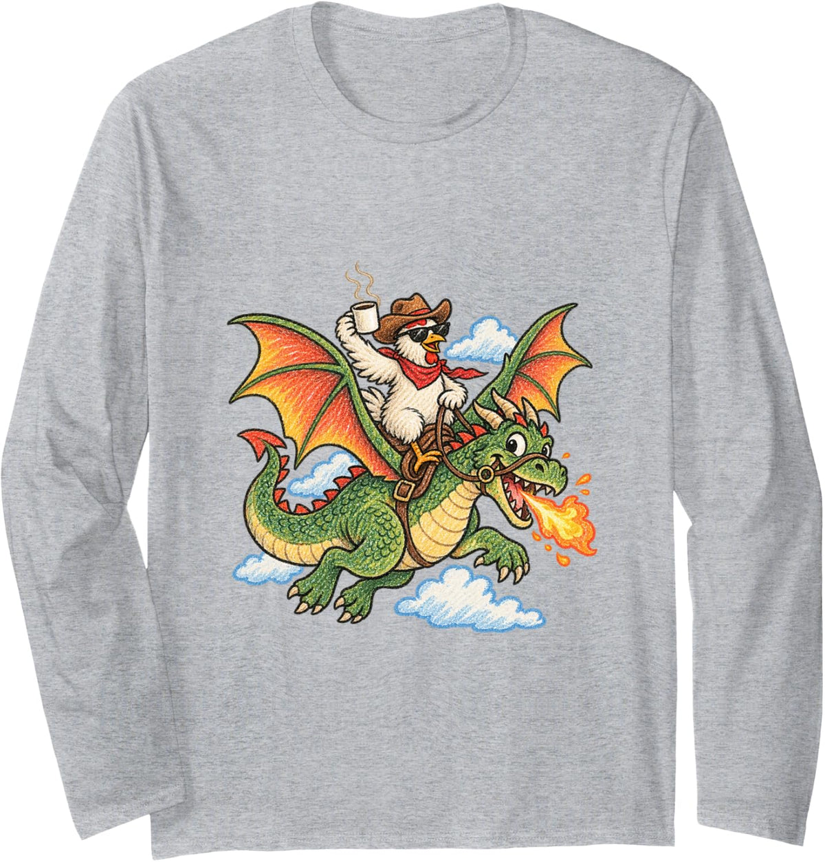 Chicken Riding Dragon Funny Animal Meme Long Sleeve T-Shirt - Adult Unisex Heather Grey