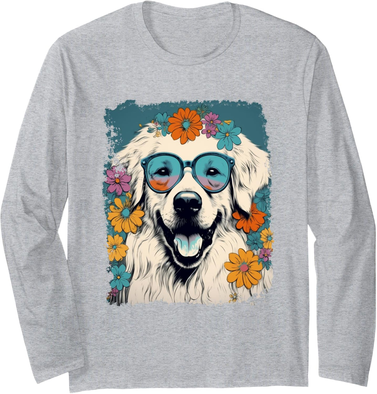 Hippie Dog Great Pyrenees Long Sleeve T-Shirt - Adult Unisex Heather Grey