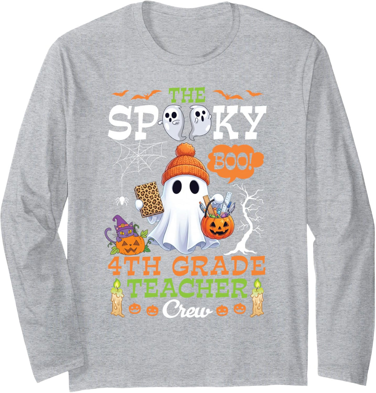 The Spooky Boo 4th Grade Teacher Crew Halloween Cute Ghost Long Sleeve T-Shirt - Adult Unisex Heather Grey